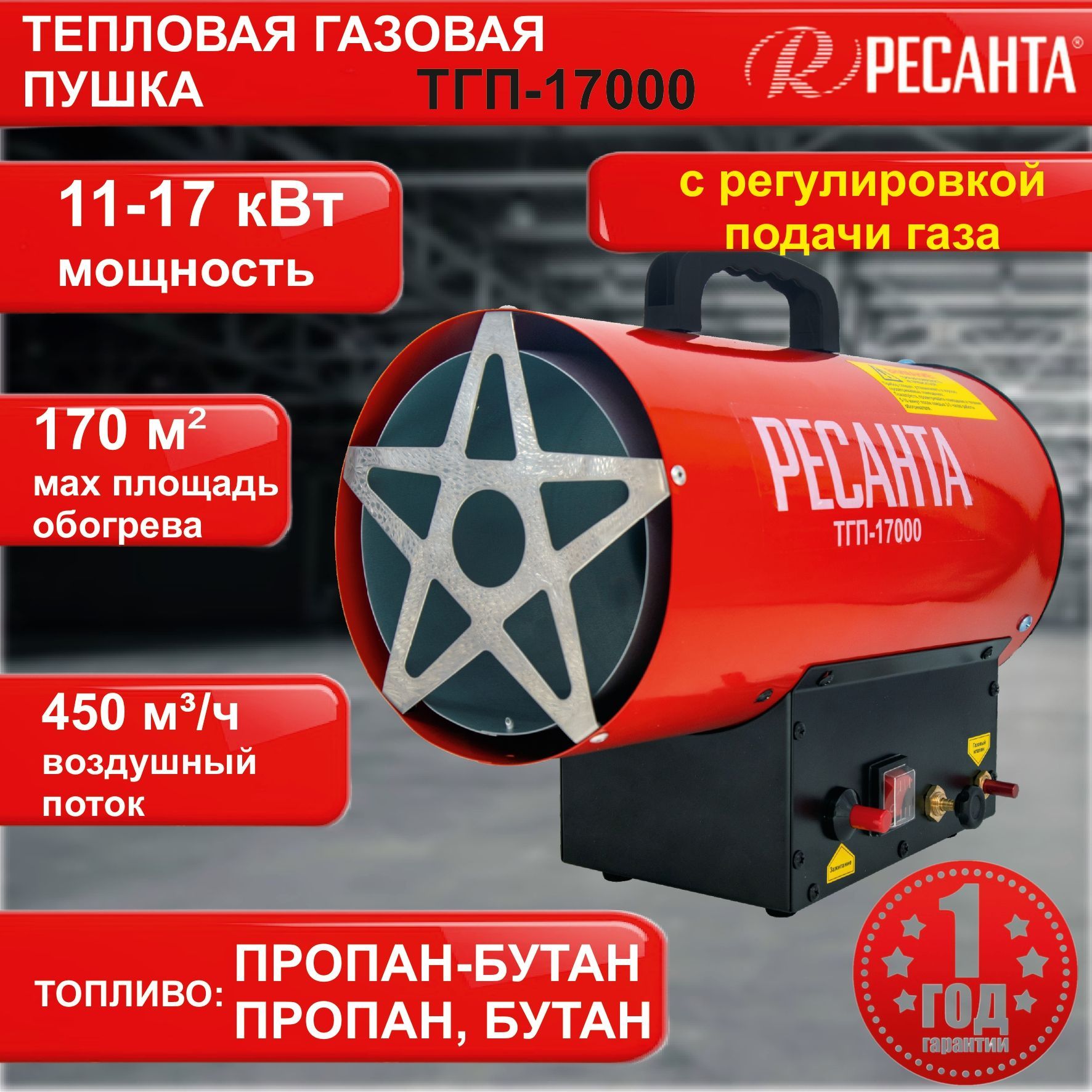 Тепловая газовая пушка ТГП-17000 Ресанта / 17 кВт / пропан, бутан, пропан- бутан / тепловентилятор / для обогрева - купить по выгодной цене в  интернет-магазине OZON.ru (762870020)