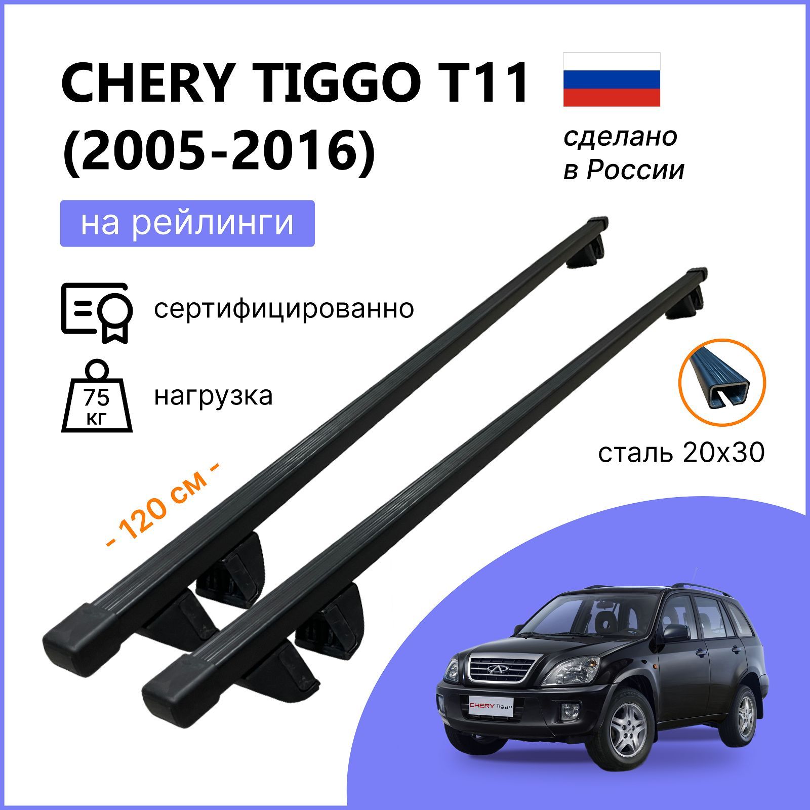 Багажник на рейлинги для Chery Tiggo T11 (Черри Тиго Т11), Крепыш 20х30 черный