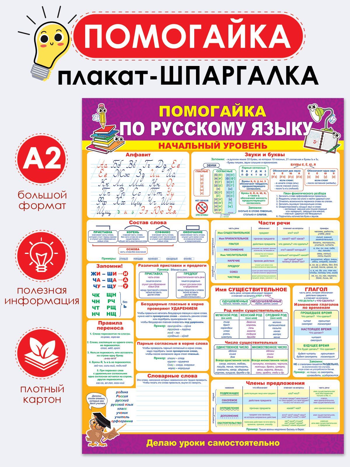 Обучающий плакат "Помогайка по русскому языку", А2, 44х60 см, Картон