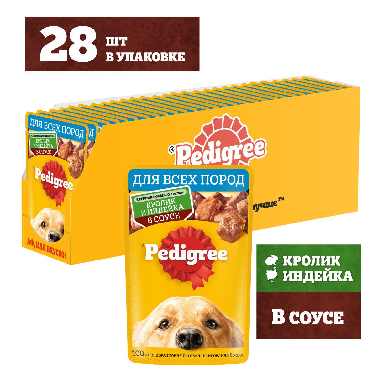 Влажный корм Pedigree для собак всех пород, с кроликом и индейкой в соусе, 28 x 85г