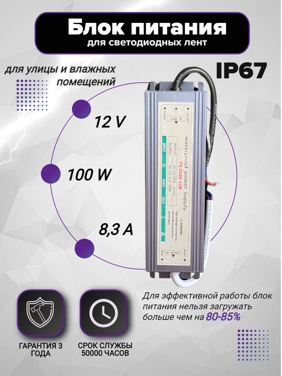 VeroMaksБлокпитаниядлясветодиоднойленты,12В,100Вт,IP67