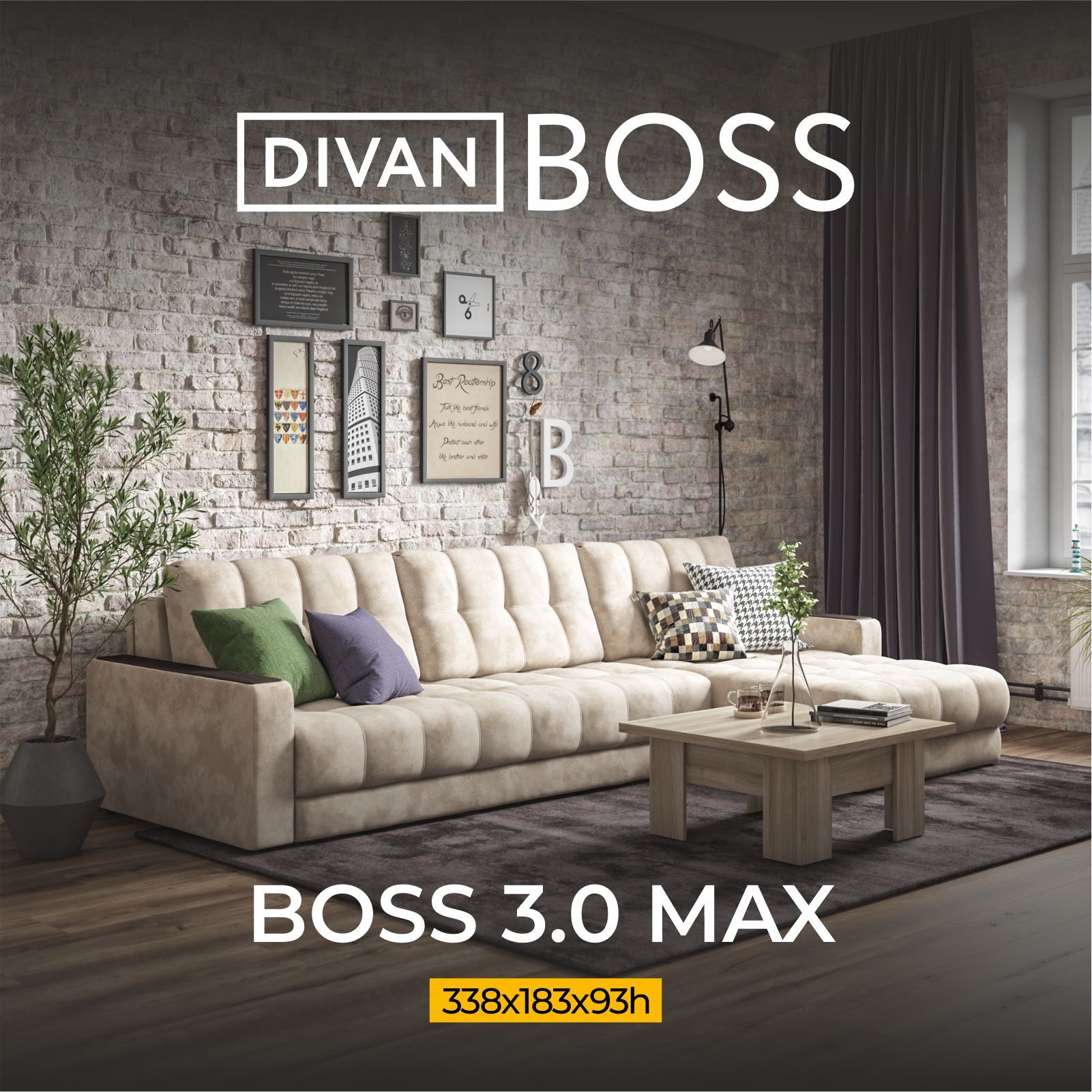 Диван угловой большой BOSS 3.0 MAX, раскладной, в гостиную, велюр Alkantara  пепел, 338x183x93 см