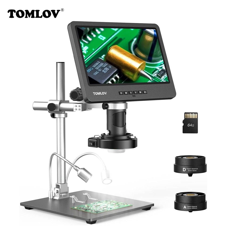 TOMLOV DM602 Pro HDMI: Цифровой микроскоп 2000X с 3 объективами,  10,1-дюймовый IPS ЖК-дисплей для ремонта печатных плат, телефонов,  просмотра монет.