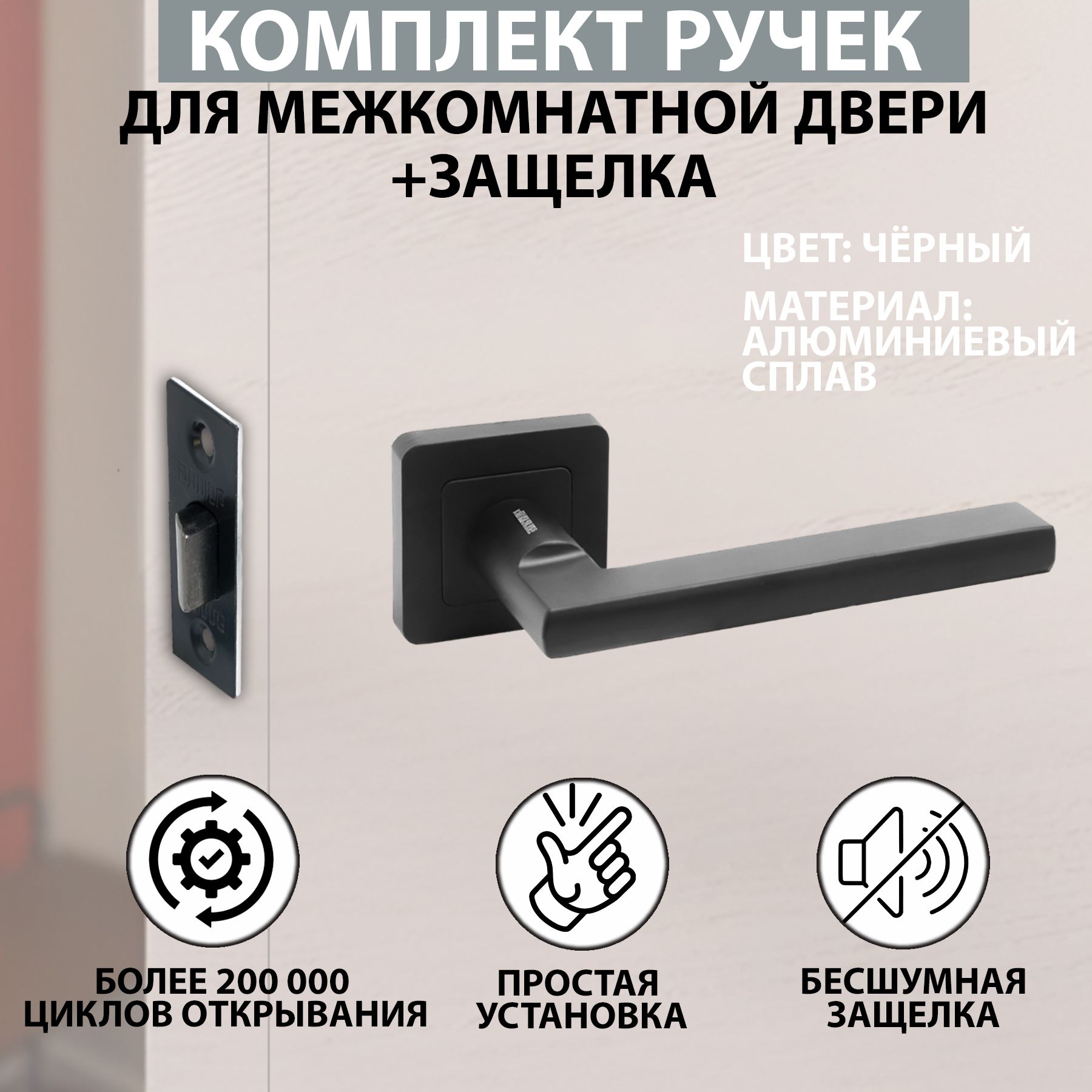 Комплектмежкомнатныйручкаизащелка"ВЕНСАН"BL+L45-8BL(26150/S45)матовыйчерный