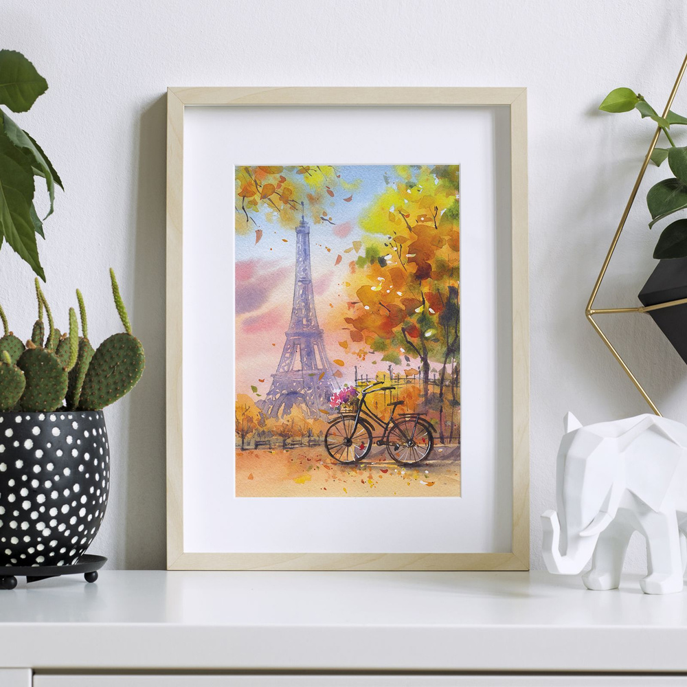 Постер интерьерный - Осенний Париж, вид на Эйфелеву башню. Авторская акварель. Размер А4 21х30 см  #1