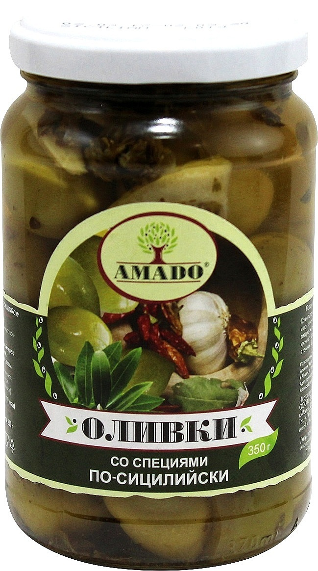Amado Оливки зеленые с косточкой со специями по-сицилийски крупные, ст ...