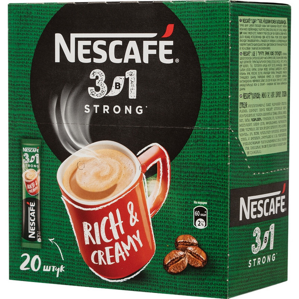 Кофе Nescafe 3 в 1 крепкий растворимый, шоу-бокс, 20 штук по 14,5 грамм ...