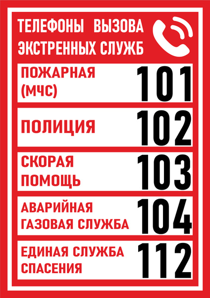 Табличка "Телефоны экстренных служб" 297x210 мм, А4, 29,7 см, 21 см ...