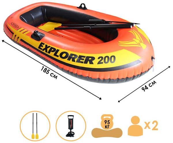 Надувная резиновая гребная лодка пвх INTEX Explorer 200, двухместная с ...