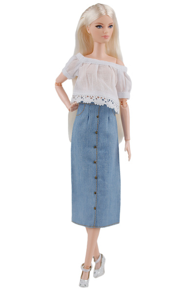Джинсовая юбка для кукол 29 см. типа барби и блуза "крестьянка" купить ...