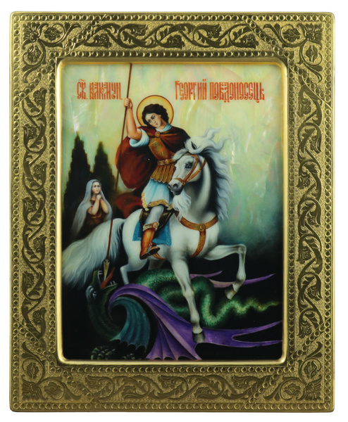 Рукописная икона "Георгий Победоносец" на перламутре, 19*23,5 см ...