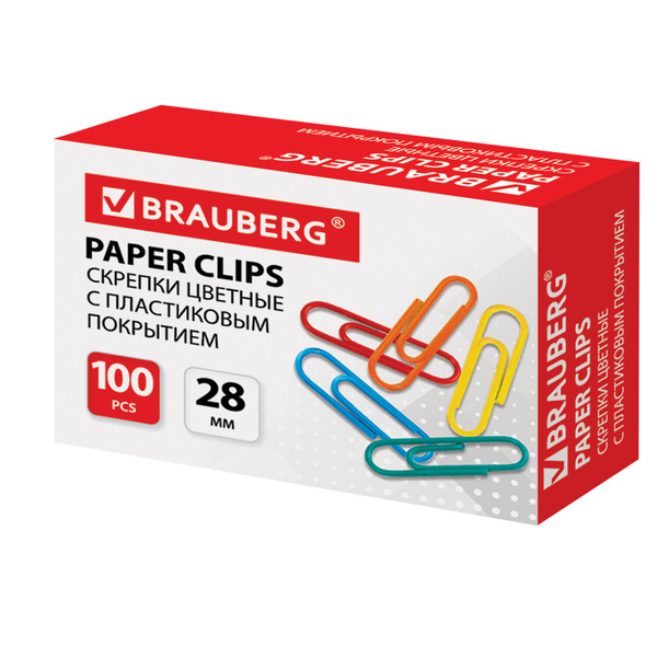 Скрепки BRAUBERG, 28 мм, цветные, 100 шт., в картонной коробке, Россия ...