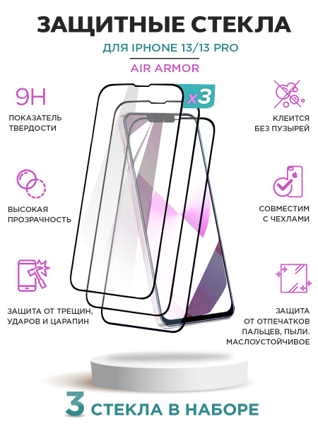 Защитное стекло 3 шт в наборе на iPhone (Айфон) 13 / 13 Pro (Про) / 14 ...