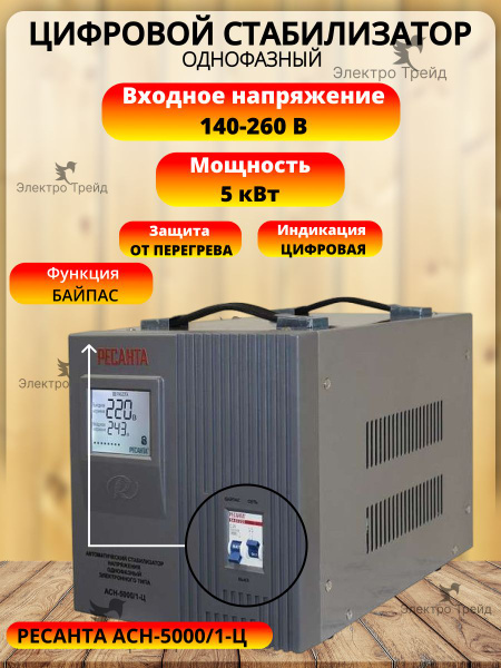Стабилизатор напряжения 220В Ресанта АСН-5000/1-Ц, 5 кВт релейный для ...