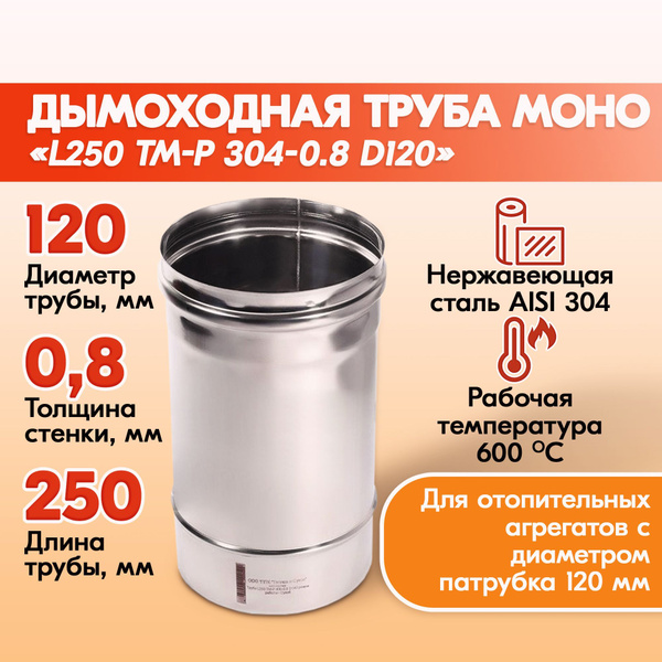 Печная труба Моно L250 ТМ-Р 304-0.8 D120 из нержавеющей стали, газовый ...