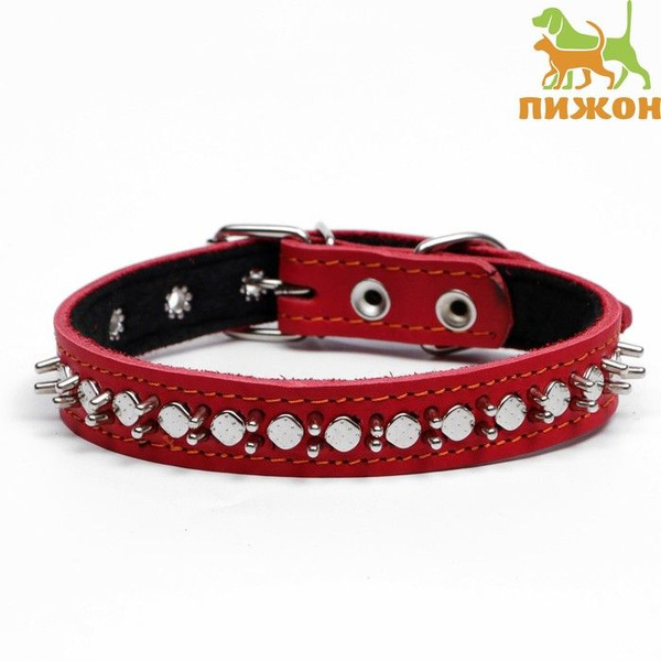 Ошейник кожаный на синтепоне Ёж , 56 х 2.5 см, ОШ 35-45 см, красный ...