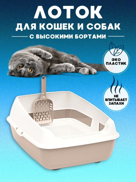 Туалет лоток для кошек с высокими бортами бежевый с совком купить на ...