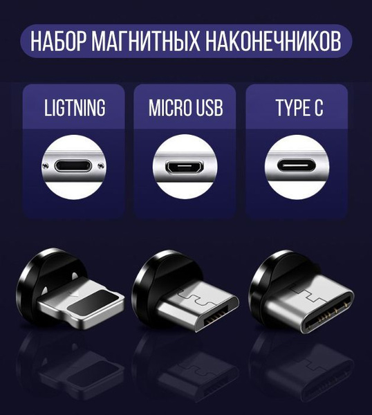 Набор магнитных наконечников Lightning, Type-C, Micro USB (адаптер 1 ...
