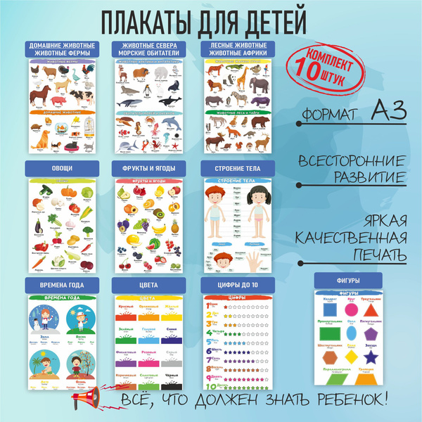 Набор плакатов для детей 3-4 лет, обучающие плакаты для детского сада ...