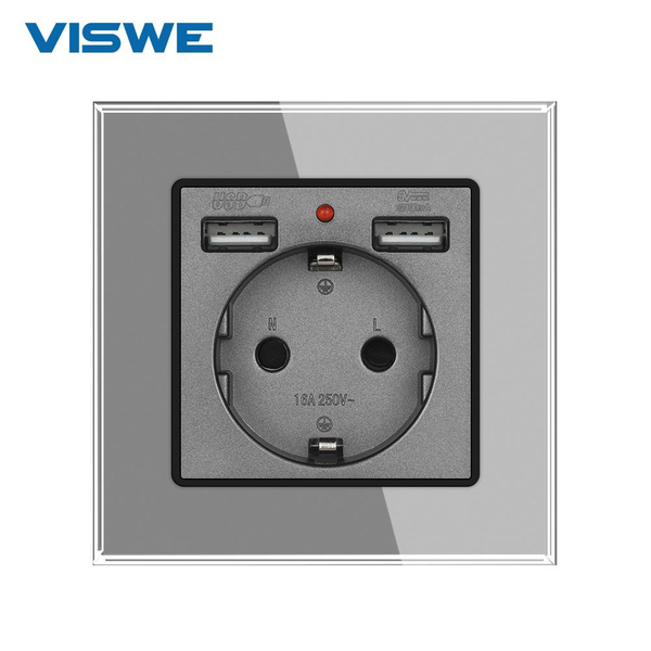 1 пост розетки 16A 250V, розетка usb, стеклянная панель,серый - купить ...