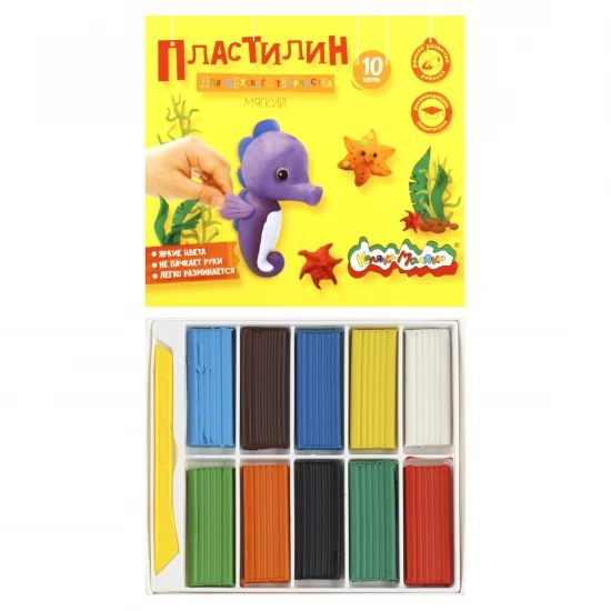 Пластилин 10 цветов, 150 гр, мягкий, стек, картонная коробка, 1 шт. в ...