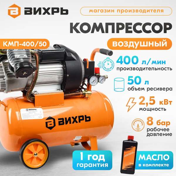 Вихрь КМП 400/50 компрессор воздушный масляный 50л, 2х-поршневой ...
