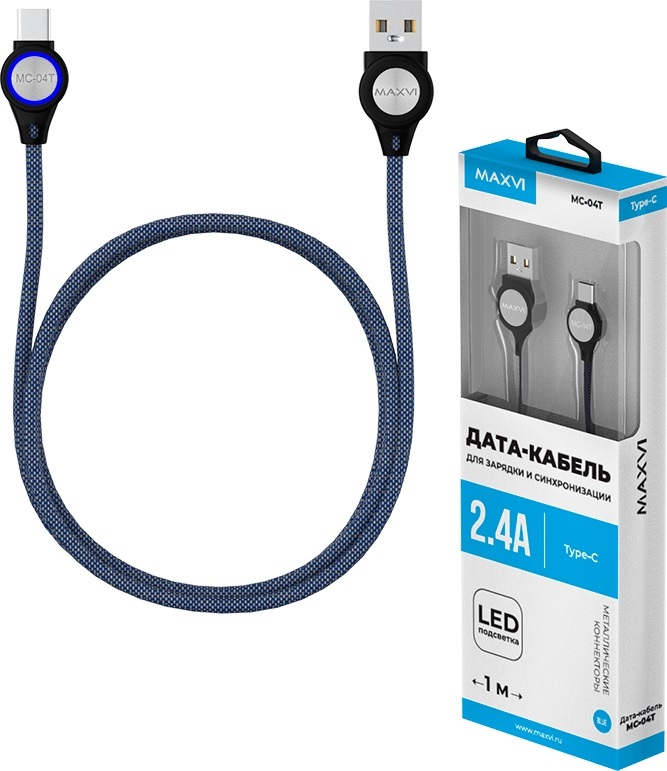 фото Кабель MAXVI MC- 04T, Type-C-USB, 2.4A, 1m, Blue