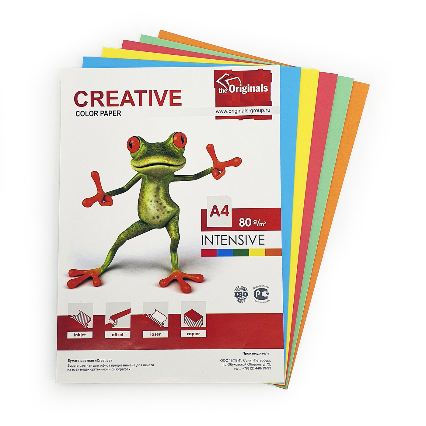 Цветная бумага А4, CREATIVE - тонированная в массе, ИНТЕНСИВ 5 цветов ...