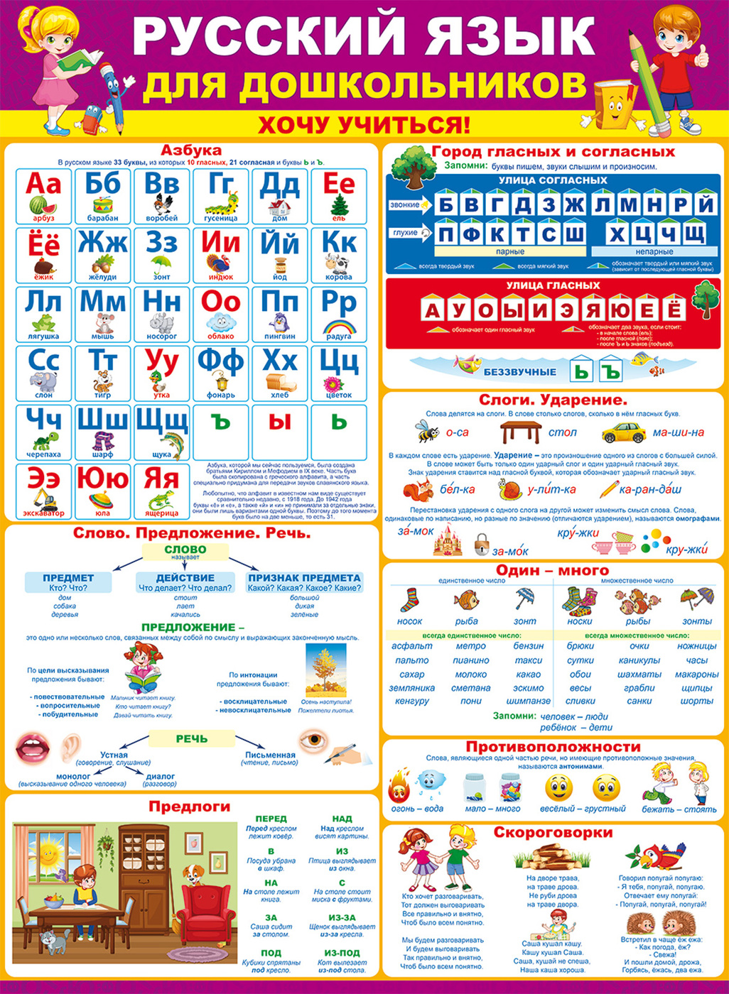 Обучающий плакат  "Русский язык для дошкольников. Хочу учиться!", А2, 44х60 см, Картон