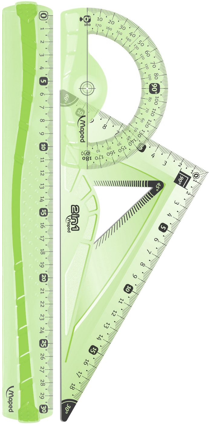 Набор геометрический MAPED FLEX Макси, линейка 30см, угольник 2в1 21см, транспортир 12см, зеленый