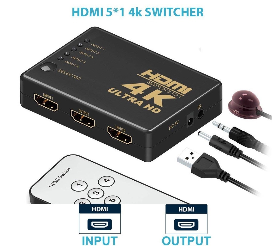 HDMI переключатель Switch 5x1, с пультом черный 2k-4k