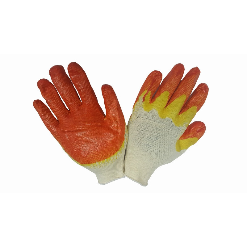 Перчатки х/б двойной латексный облив 13кл doloni 634 (200 пар). Перчатки трикотажные с 1-м латексным обливом. Перчатки лимонного цвета. Нейлон 13. Перчатки из нейлона.