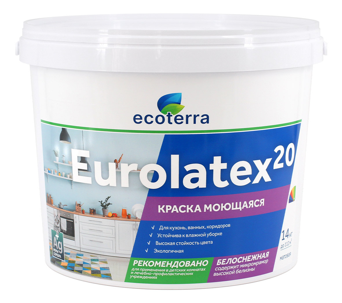 КраскаEcoterraВД-АК2180Eurolatex20,моющаяся,белоснежная,14кг