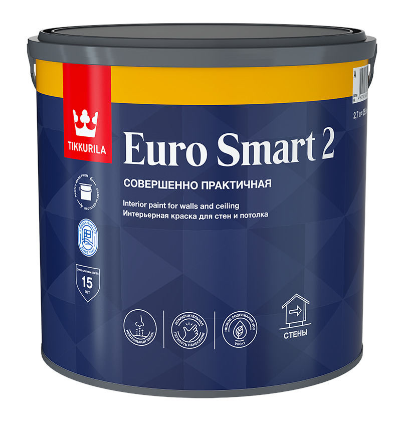 краска tikkurila euro smart 2, воднодисперсионная, матовое покрытие, белый
