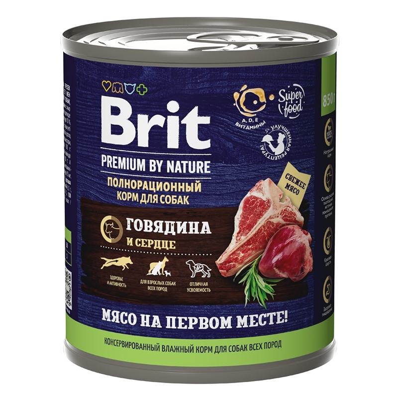 Brit Premium by Nature Говядина и Сердце, консервы / влажный корм для собак всех пород, 6 шт x 850 г (5,1 кг) / Брит Премиум