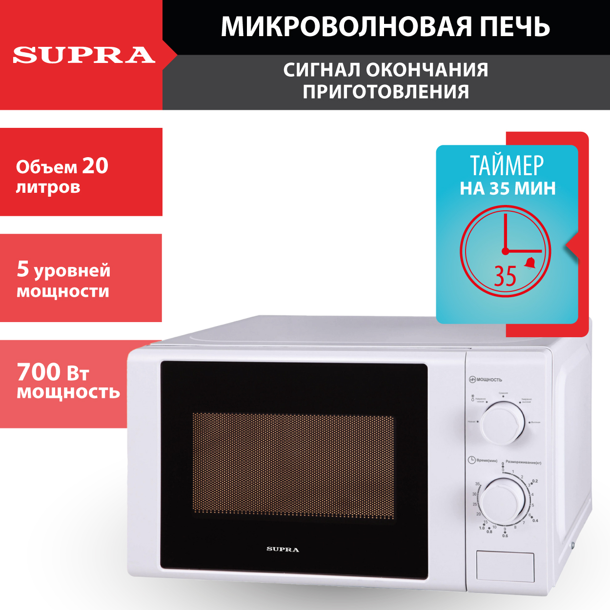 МикроволноваяпечьSUPRA20MW66,5уровнеймощности,таймер,700Вт