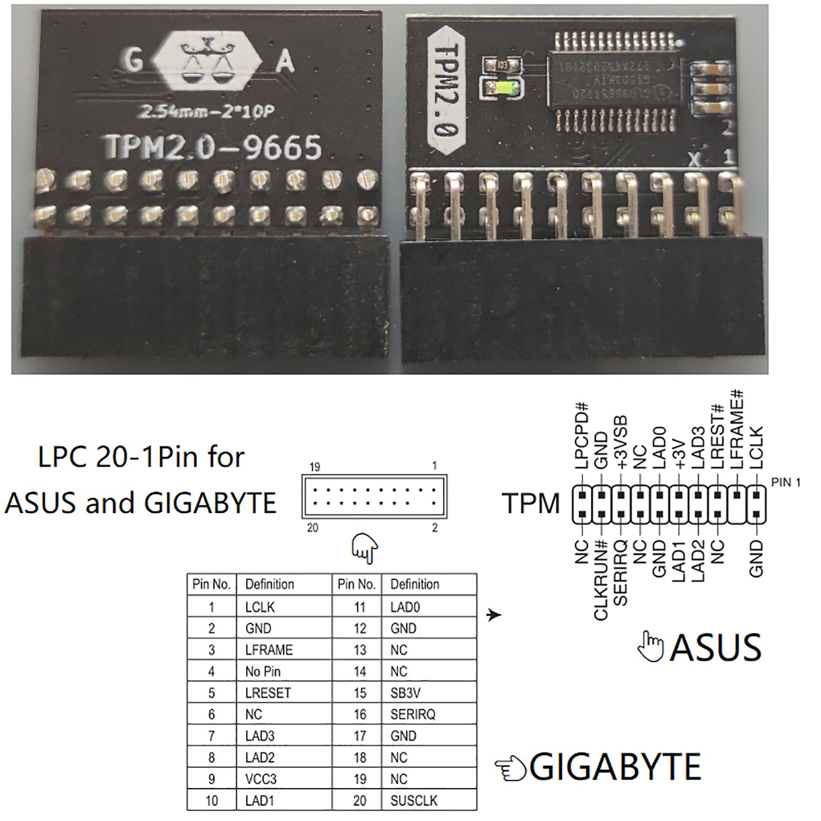 Модуль безопасности TPM GA 20-1 Pin для модуля защиты платформы Gigabyte  ASUS