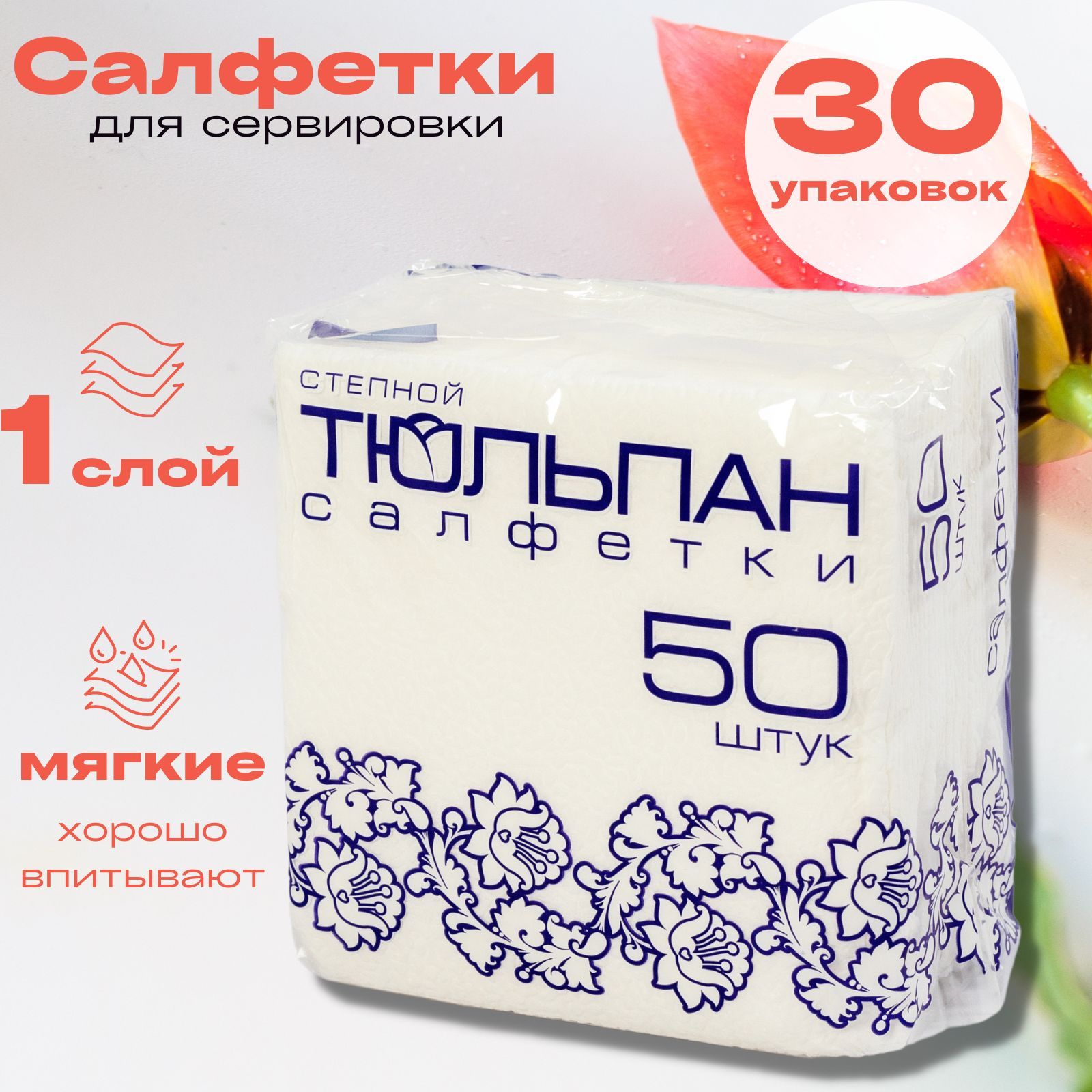 Салфетки 1 слойные 24х24см 100шт белые pro тиснение рисунок нет