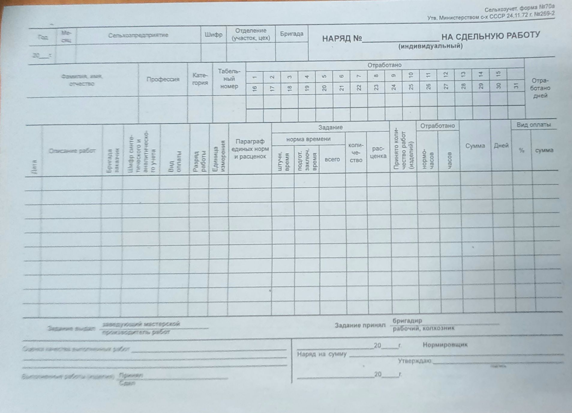 Заполненный наряд на сдельную работу образец