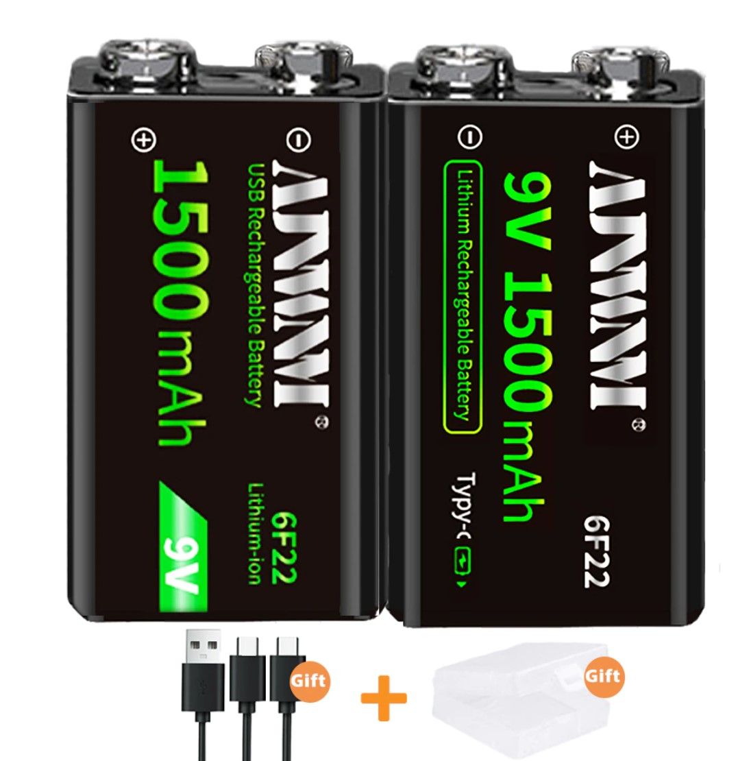 АккумуляторКрона9Vli-ion6f221500mAh6f22сзарядкойпоtype-cотusb-2штвкейсе