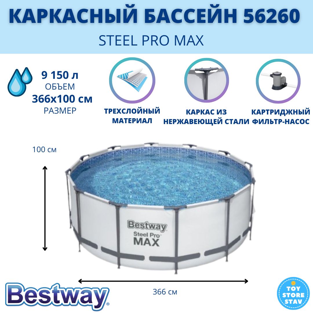 Каркасный бассейн Bestway Steel Pro Max арт. 56260, 366x100 см, в комплекте фильтр-насос, 9150 л