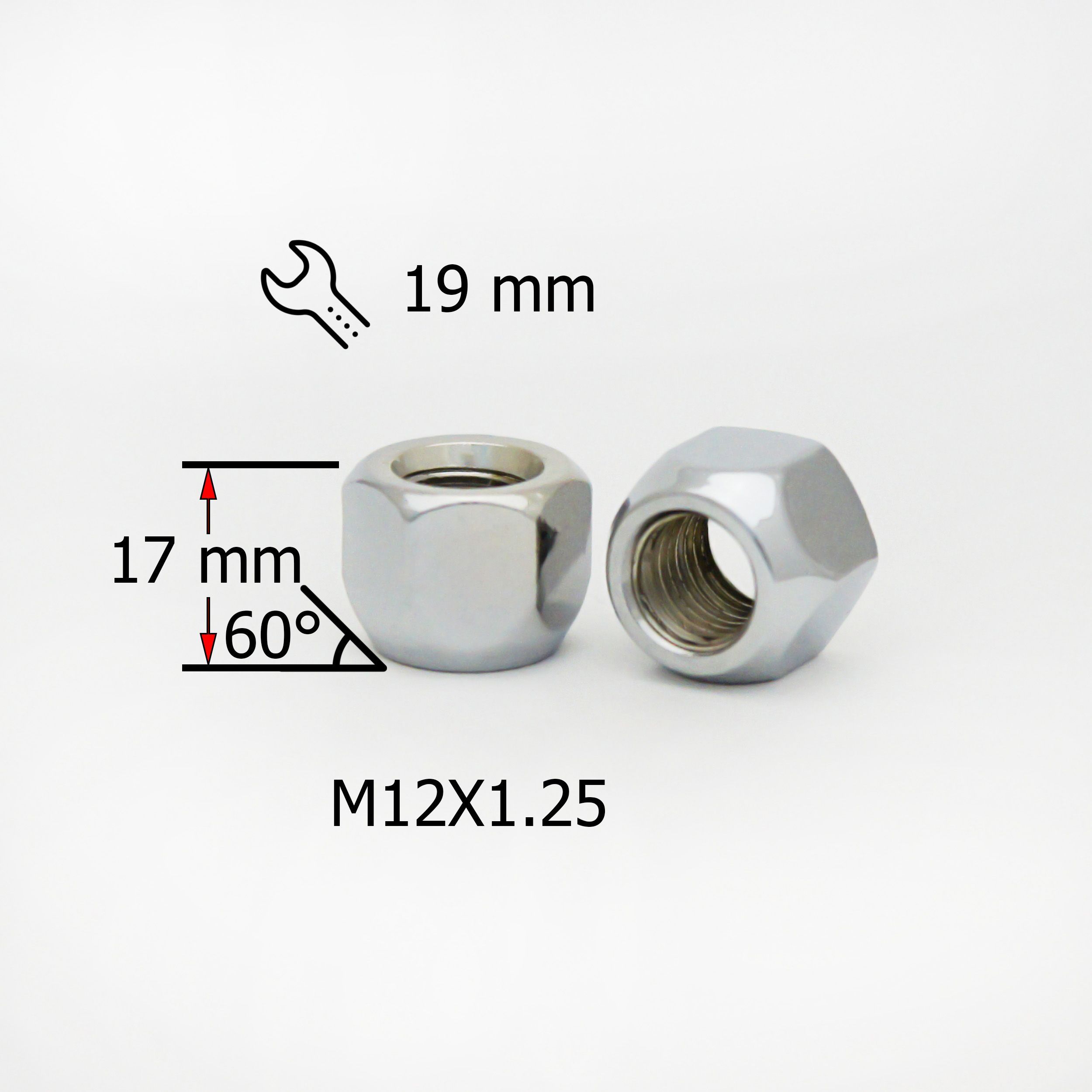 Гайка колесная M12х1,25 высота17мм, Конус - 20 штук, открытая, ключ 19мм, Хром