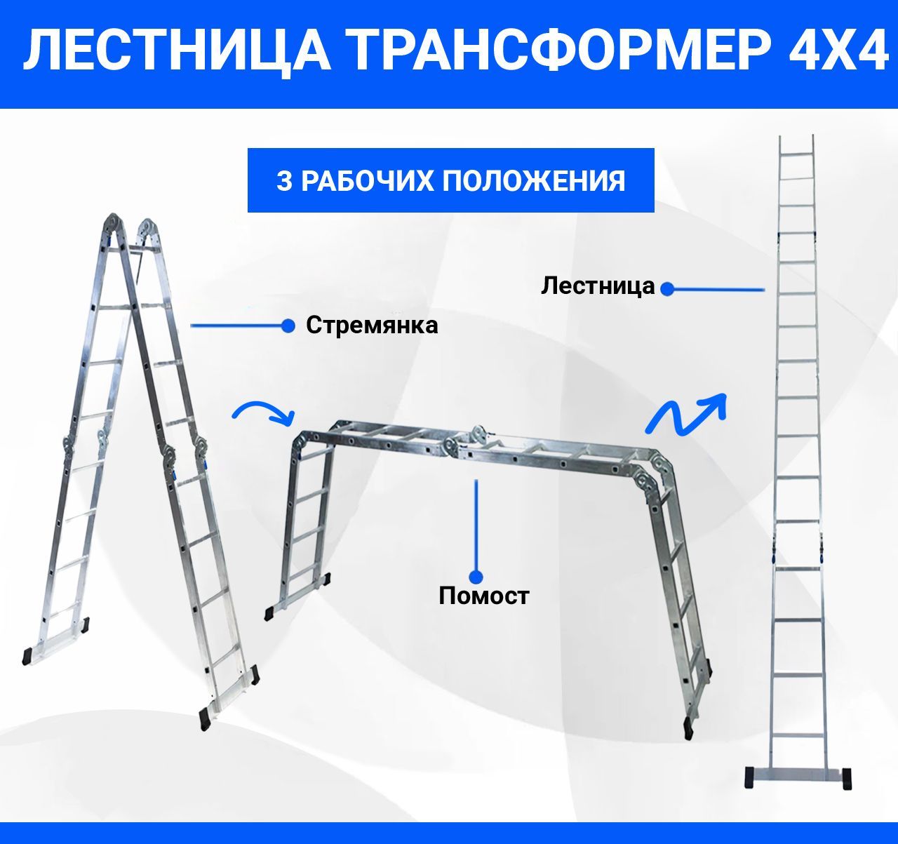 Лестницатрансформерстремянкаалюминиевая4х4,16ступеней,универсальная