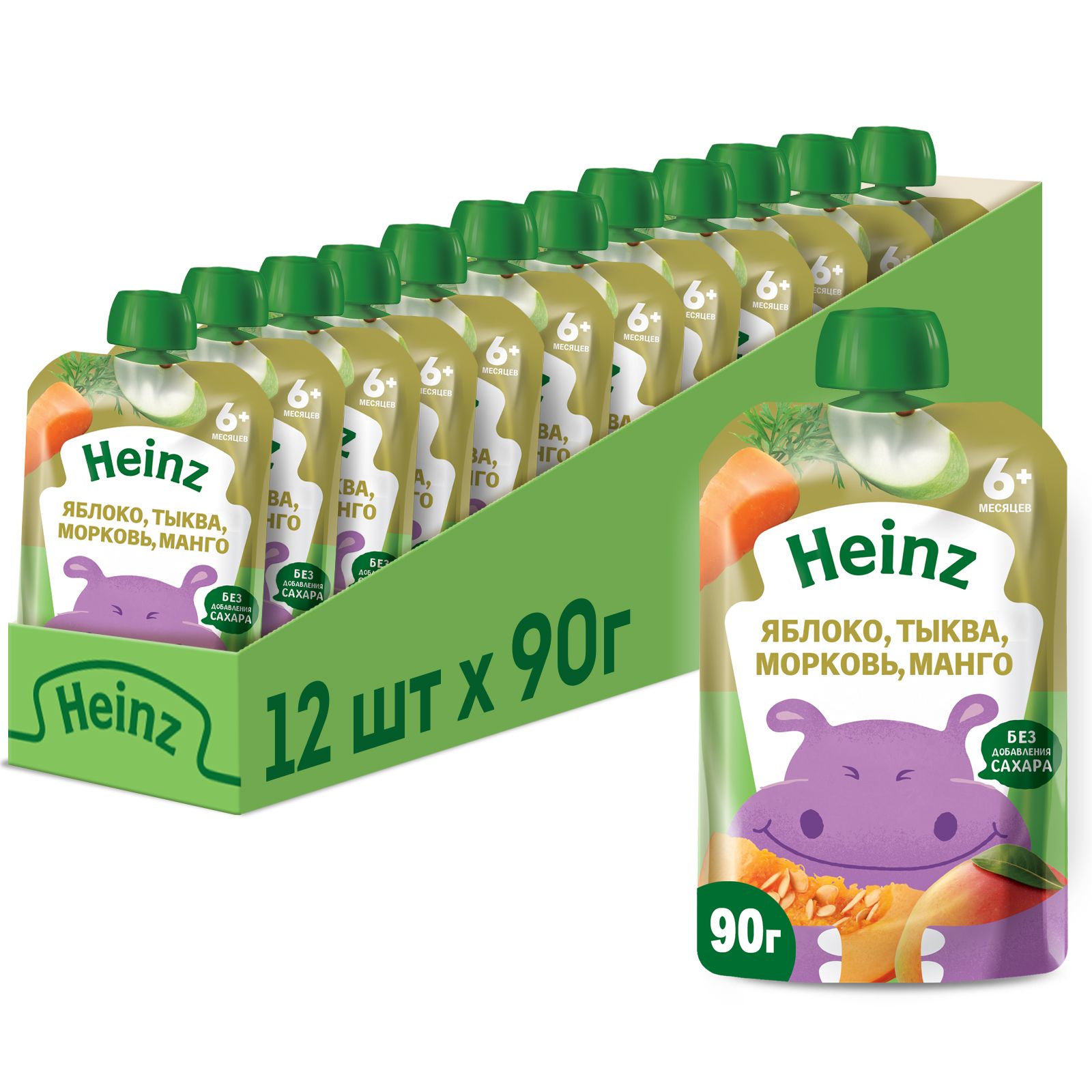 Пюре фруктово-овощное Heinz с 6 месяцев, яблоко, тыква, морковь, манго, 90 г x 12