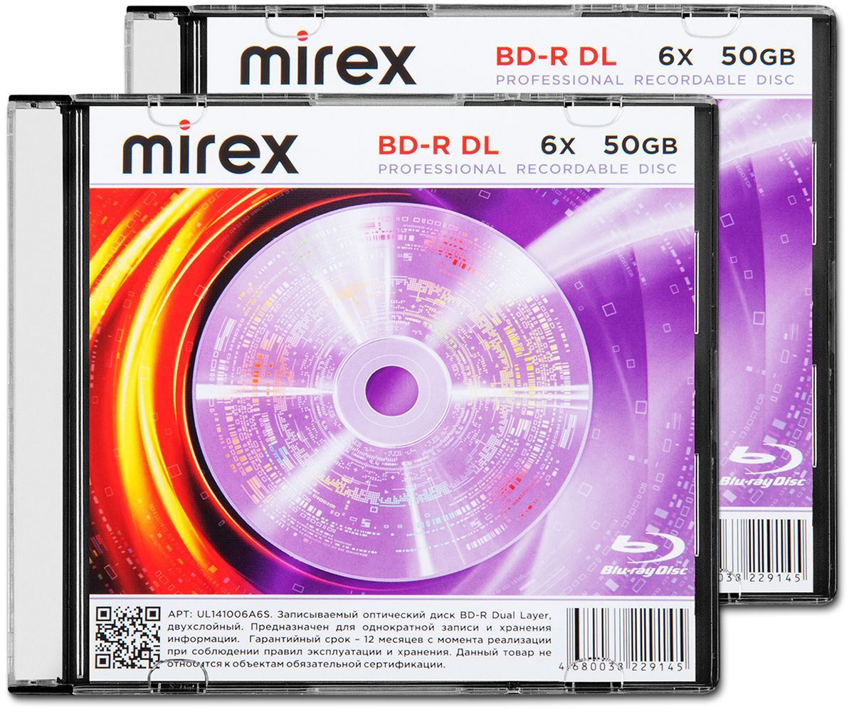 Диск BD-R DL 50 Gb Mirex 6x Slim box, упаковка 2 шт.