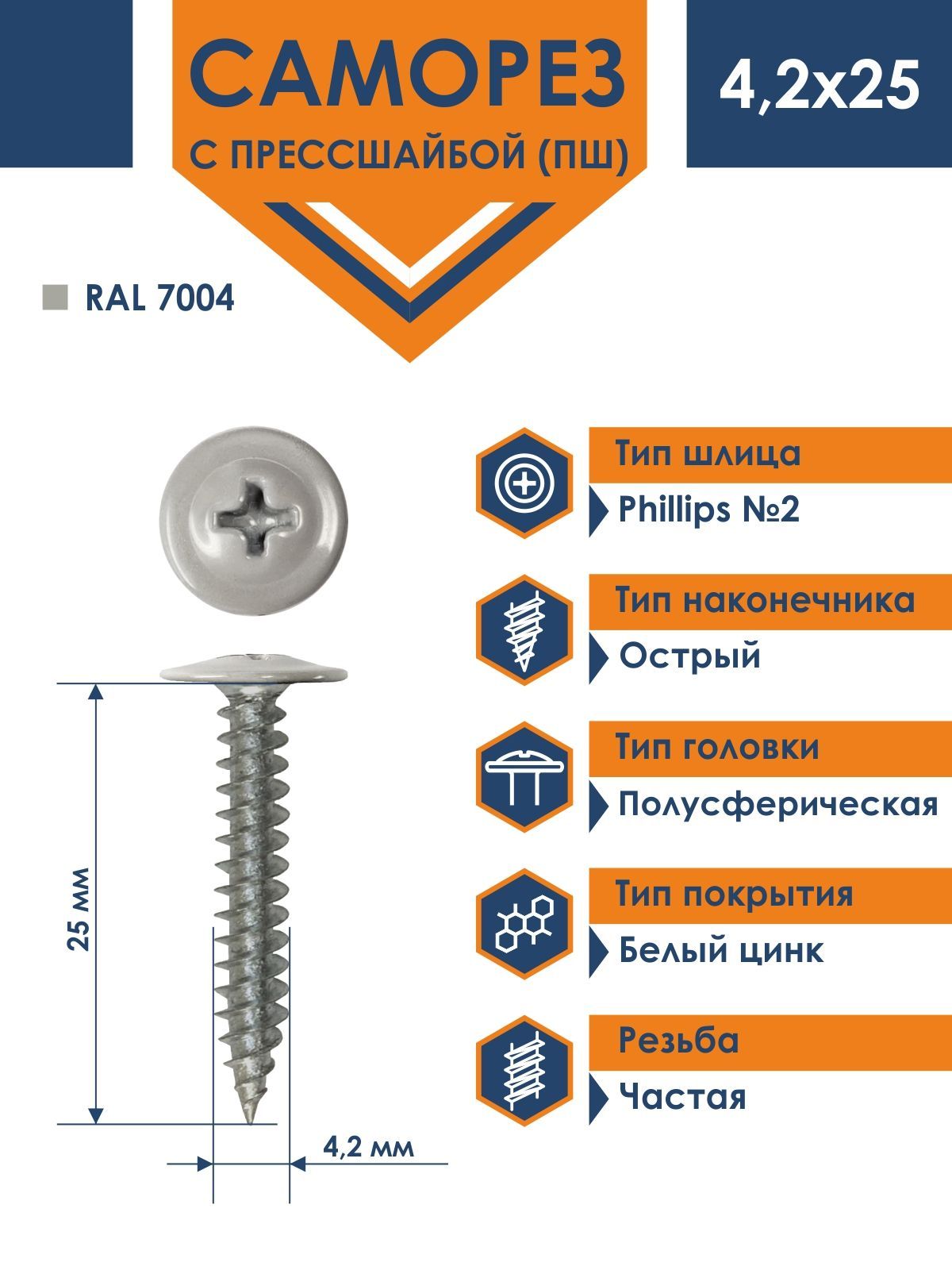 Саморез Rizzel ПШ 4,2х25 с прессшайбой острый RAL 7004 (500 шт)