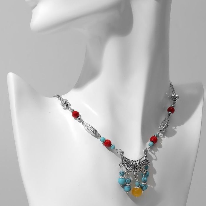 Колье женское, бижутерия на шею, цветное в чернёном серебре, 32 см