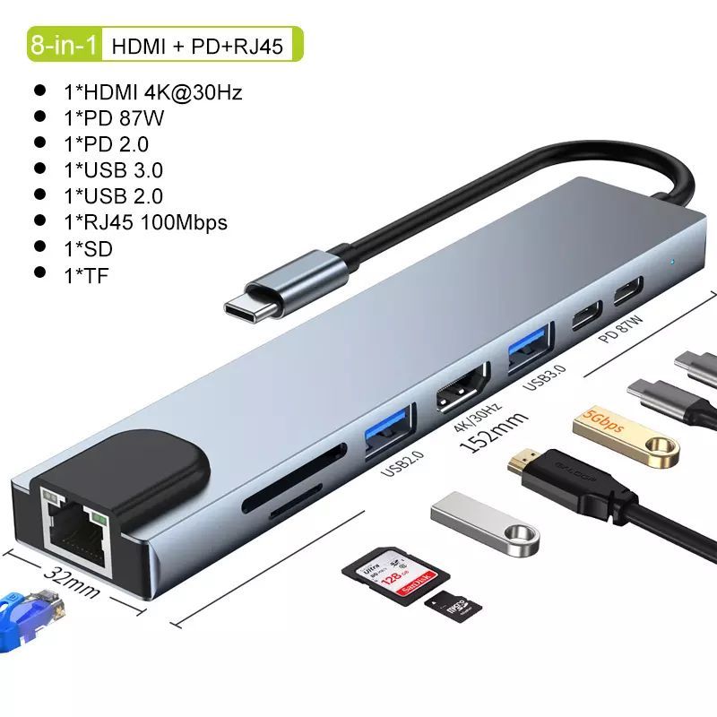 usb hub 8 в 1 usb разветвитель 8-порта адаптер, док станция 4K HDMI Type-C USB-3.0 USB-2.0 TF/SD Картридер