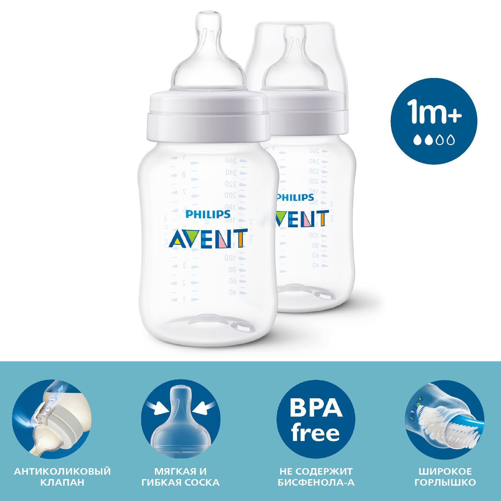 Бутылочка для кормления Philips Avent Anti-colic SCY103/02, 260 мл, 1 мес+, 2 шт, с антиколиковым клапаном