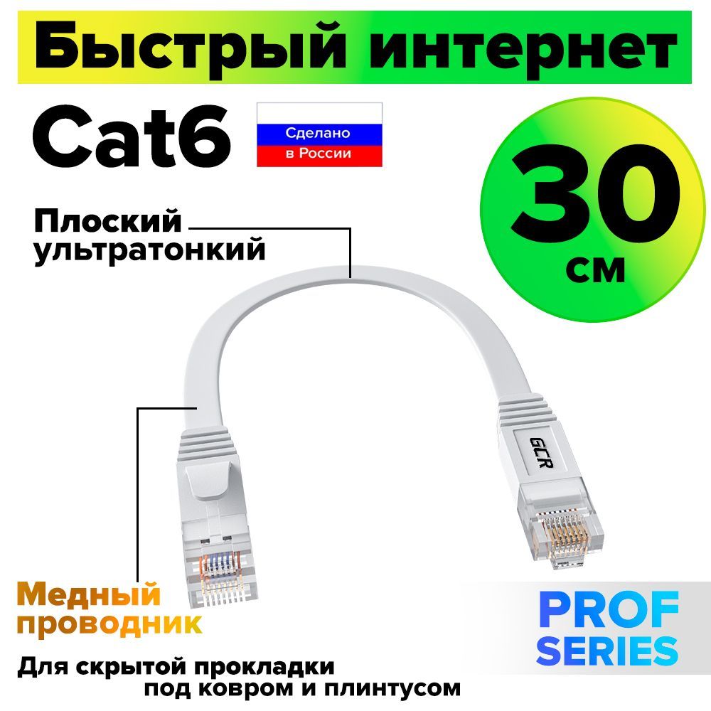 Короткий патч-корд плоский 30см GREENCONNECT PROF кабель для интернета КАТ.6 ethernet high speed 10 Гбит/с белый